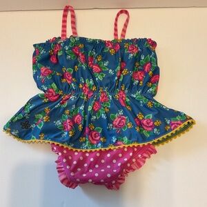 Matilda Jane Blue Pink Floral Polka Dots Ruffle Baby Swimsuit Girl’s 18-24 Month